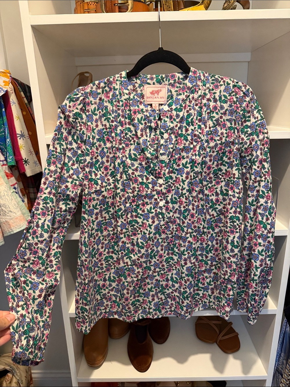 Banjanan White Button-Front Floral Shirt with Purple & Green Print